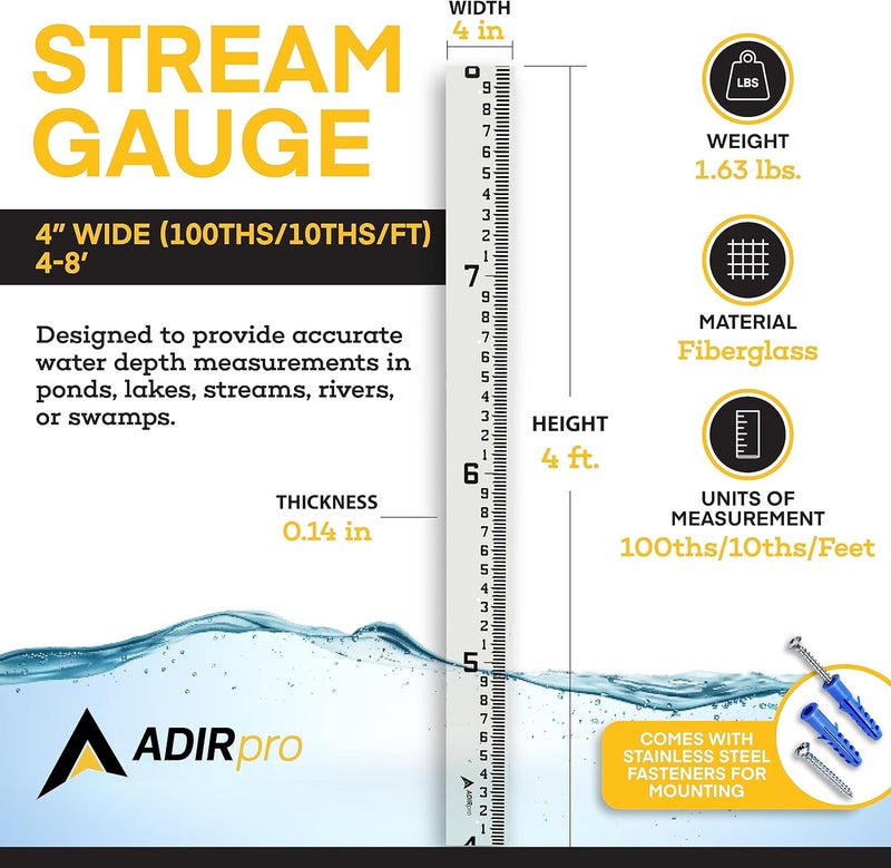 AdirPro 4" Wide Stream Gauge - Heavy Duty Gauge - All Weather Guage (100ths/10ths/feet) (4-8') - Image 1